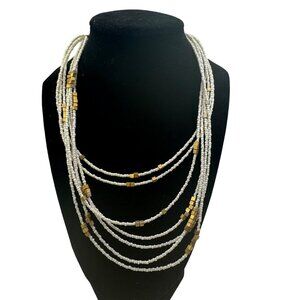 Multi-Strand White & Gold Beaded Necklace With Chain Closure